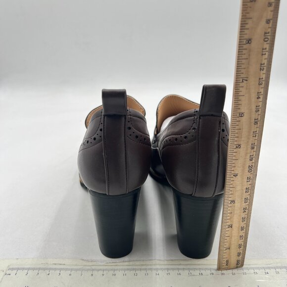 YDN Saddle Brown Chunky High Heels Round Toe Oxford Loafer Dress Shoe - Picture 5 of 8